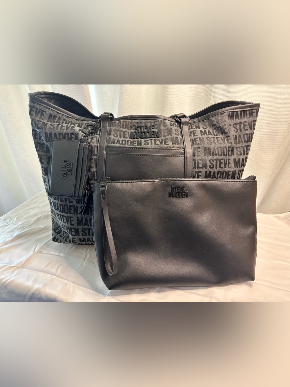 Steve Madden Black Logo-Print Tote with Card Holder & Pouch/Wristlet Travel Set